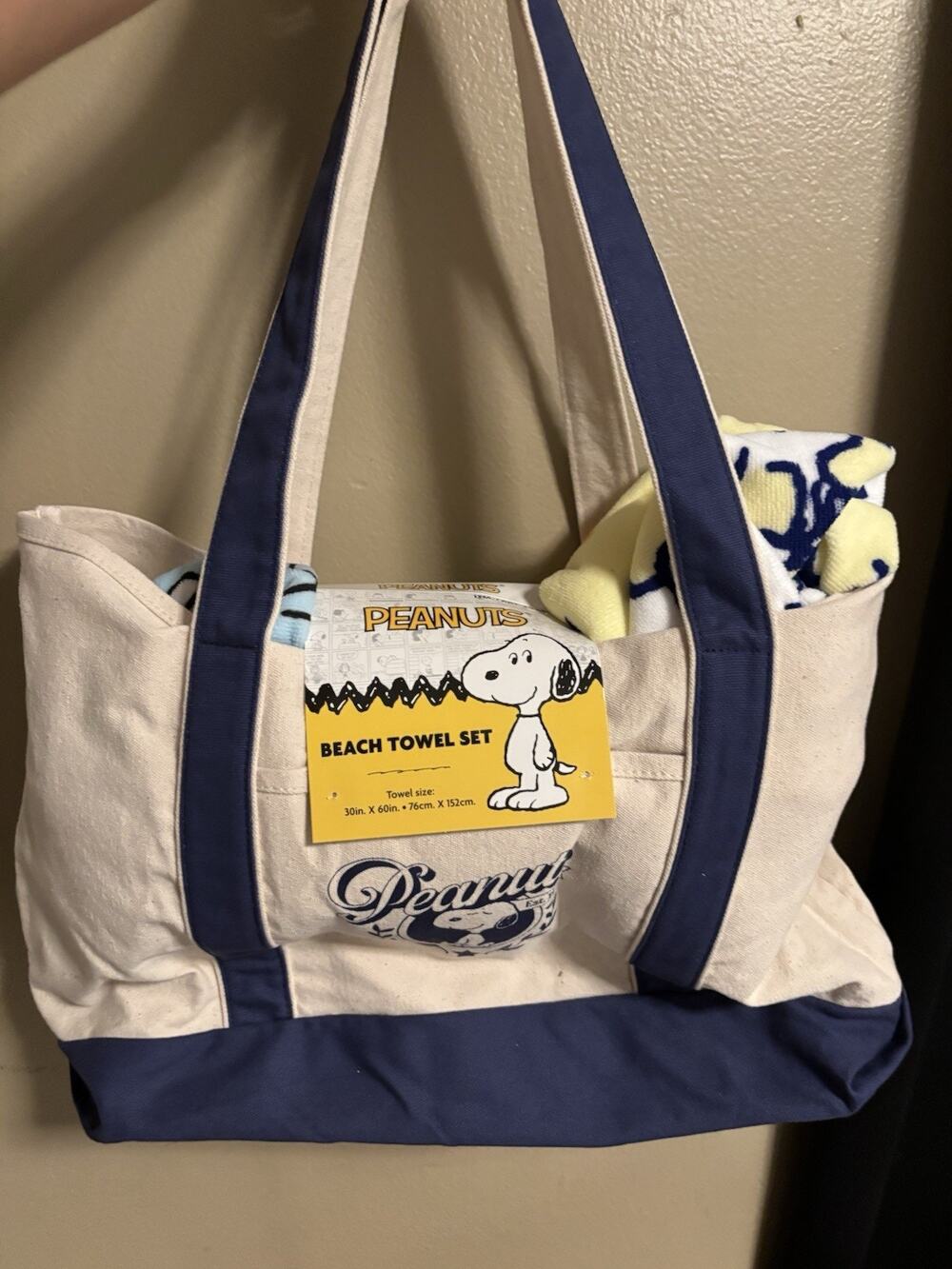 NEW LIMITED Peanuts Snoopy Navy Tote & Two 30x60in Beach Towels Bundle Deal